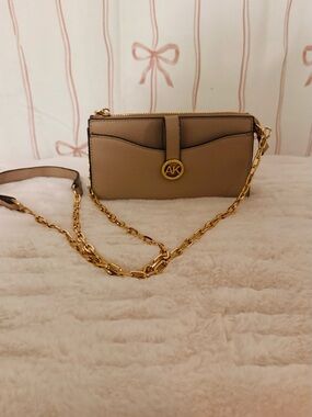 Anne Klein Taupe Pebbled Leather Crossbody with Gold Chain